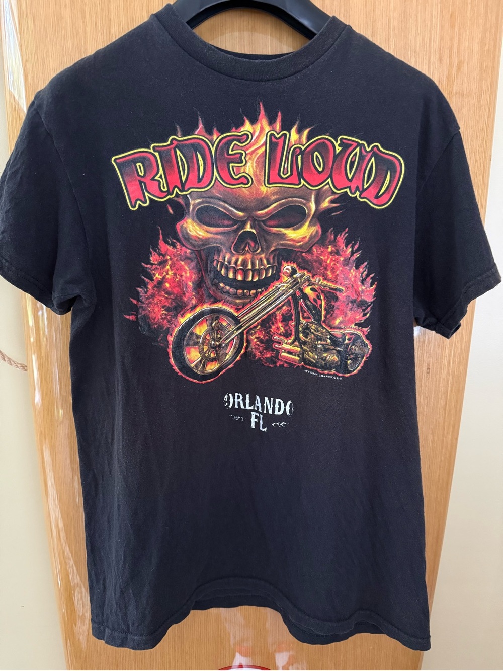 Black 'Ride Loud' Flaming Skull Motorcycle Tee